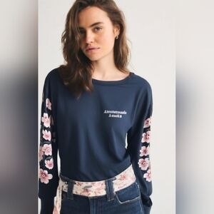 Abercrombie & Fitch Navy Blue and Pink Floral Long Sleeve Tee